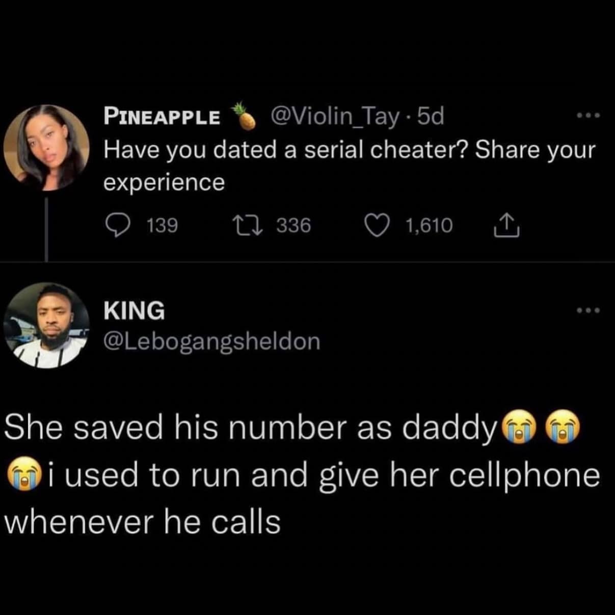 A tweet exchange where a man responds to a question about cheaters with a traumatic childhood story.