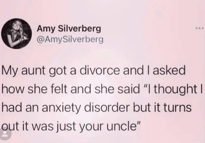A funny meme about marriage with a tweet where an aunt discovers her anxiety was just her husband.