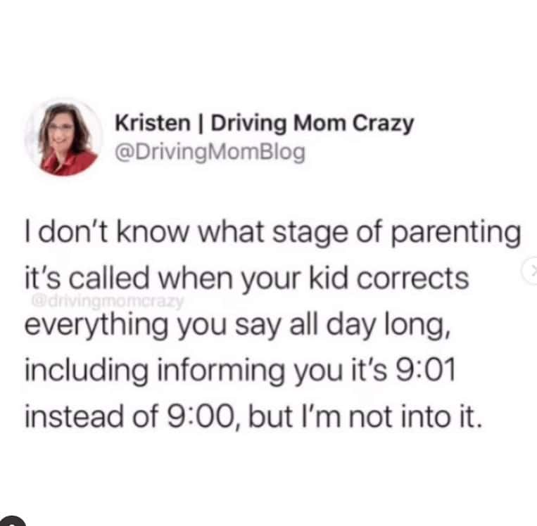 A funny meme about marriage and parenting, describing the phase where your kid corrects everything you say.