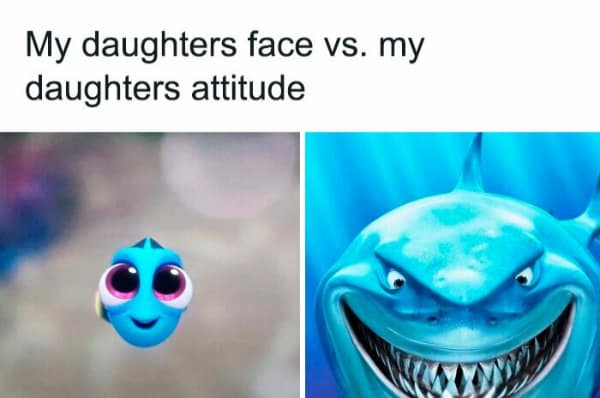 A funny meme about parenting comparing a daughter's cute face to her mean attitude, using "Finding Nemo" characters.