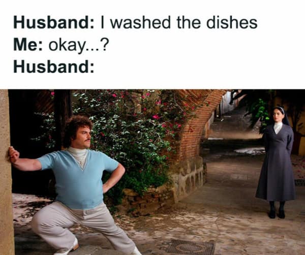 A funny meme about parenting where a husband expects praise for doing the bare minimum, like washing dishes.