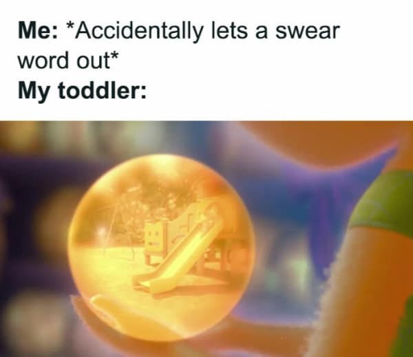 A funny meme about parenting using a core memory from "Inside Out" to show a toddler hearing a swear word.