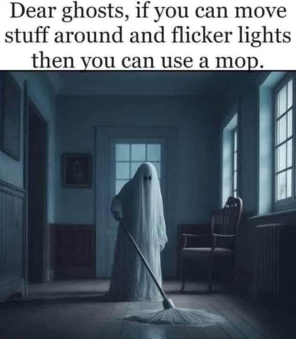 A funny meme that features a picture of a ghost who is mopping a hallway, with a caption that tells ghosts that if they have the power to haunt, then they have the power to clean.