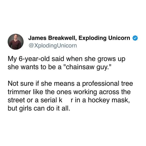 Tweet where a parent says their 6-year-old wants to be a “chainsaw guy,” unsure if arborist or horror character.