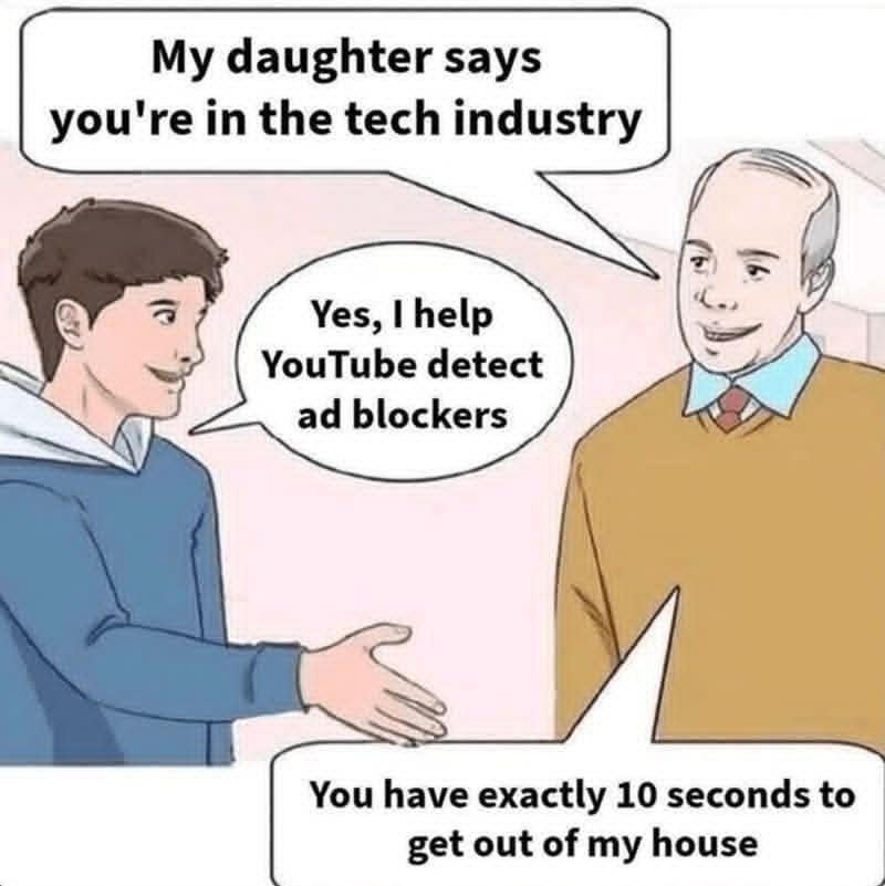 A cartoon of a father threatening his daughter's boyfriend, who works for YouTube detecting ad blockers.