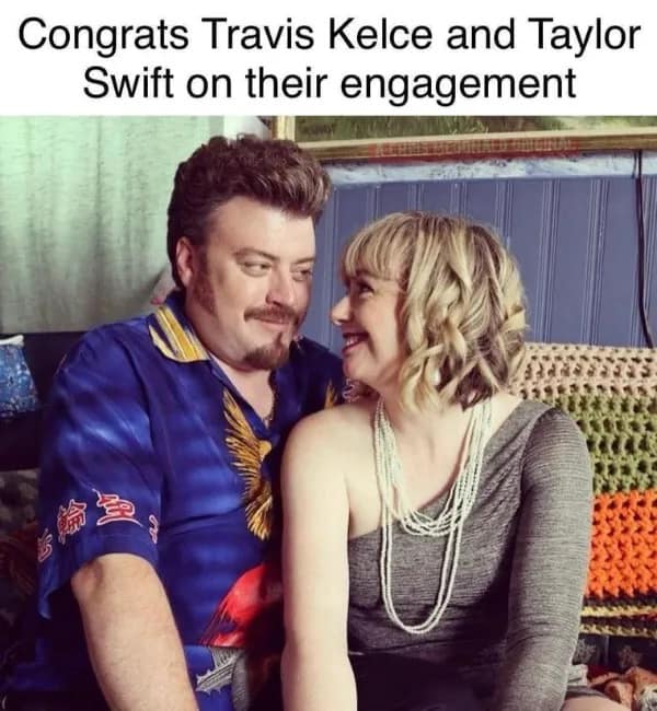 A funny meme congratulating Taylor Swift and Travis Kelce with a picture of Ricky and Lucy from Trailer Park Boys.