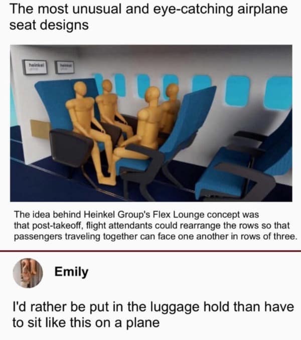 A funny meme about a terrible new airplane seat design that forces you to face other passengers.