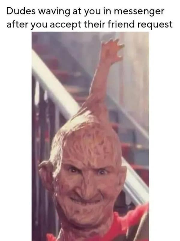A funny meme comparing the awkward Facebook Messenger "wave" to a creepy, distorted image of Freddy Krueger.
