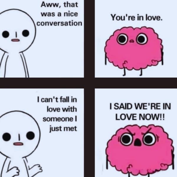 A four-panel comic where a person's brain aggressively forces them to fall in love after one conversation.