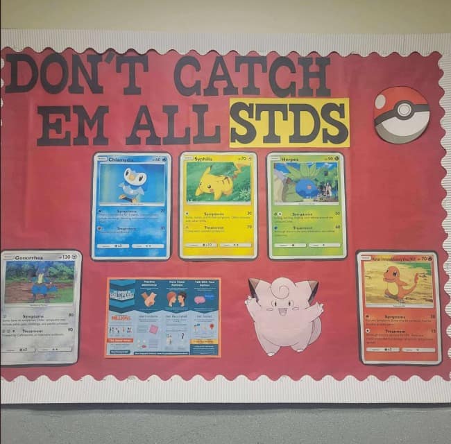 A photo of a very creative sexual health bulletin board in a school that is Pokémon-themed, and uses different Pokémon cards to represent and warn students about different STDs.