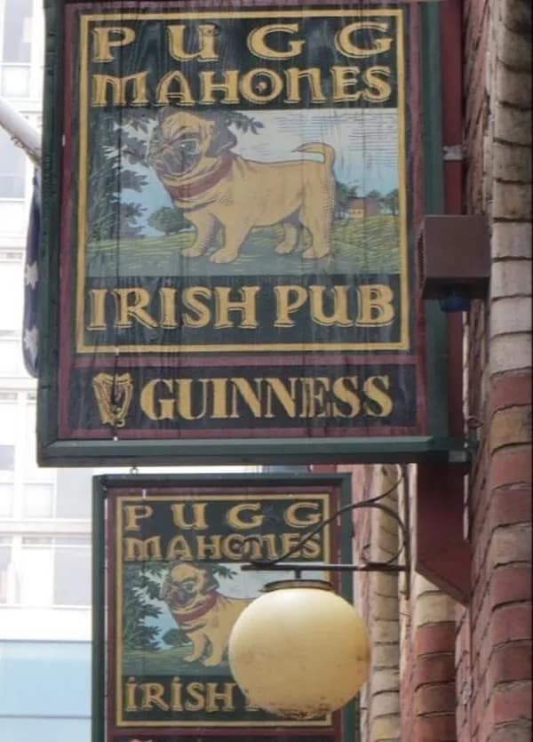 A funny picture of a rustic Irish pub sign with the excellent and hilarious pun name "Pugg Mahones."