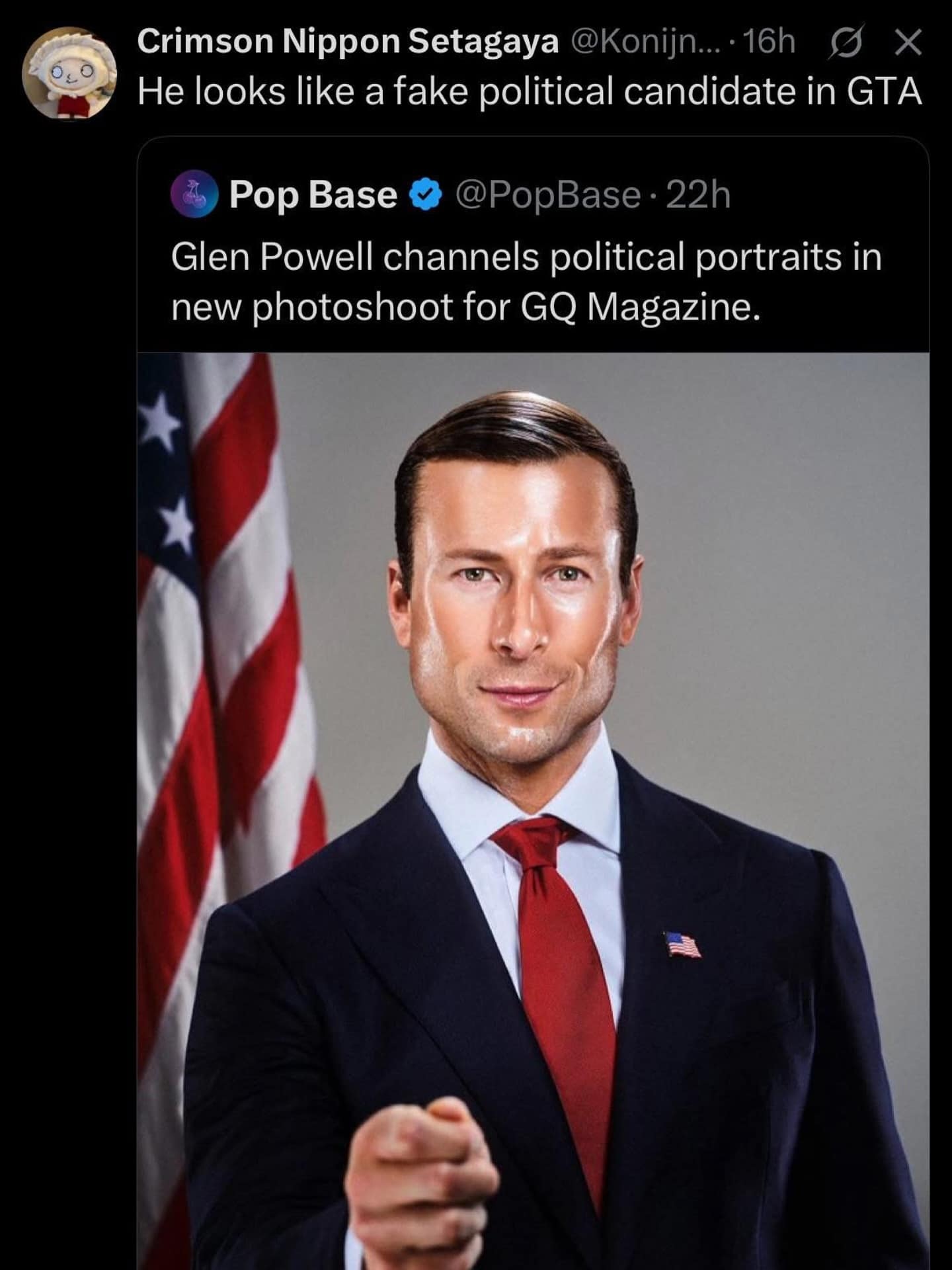 A screenshot of a tweet about a recent GQ photoshoot of the actor Glen Powell, with a hilarious reply from another user saying that he looks like a fake political candidate from the video game Grand Theft Auto.