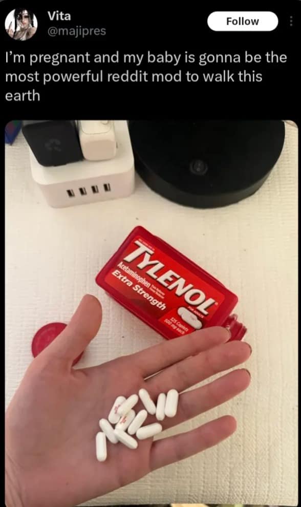 A dark humor tweet joking about taking Tylenol during pregnancy to create a Reddit moderator baby.