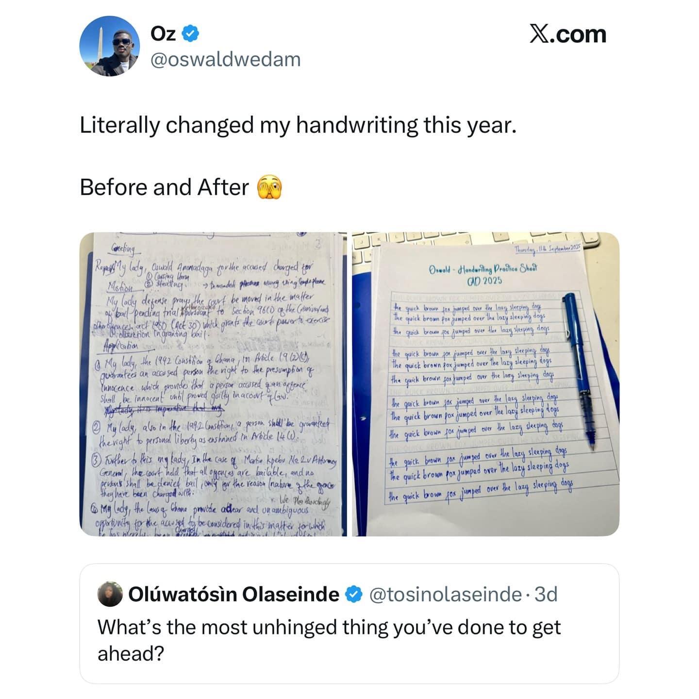 A screenshot of a tweet that shows a user's incredible "before and after" photos of their handwriting, which they have dramatically and obsessively improved over the course of one year.