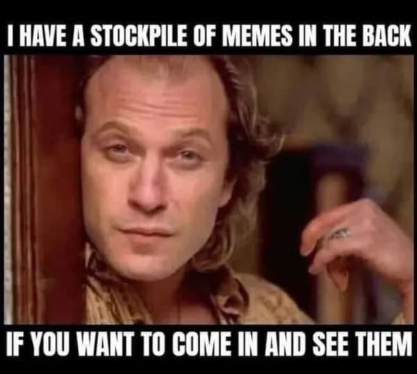 A funny and creative meme of the character Buffalo Bill from the classic horror movie The Silence of the Lambs, with his famous and creepy line changed to be about a "stockpile of memes."