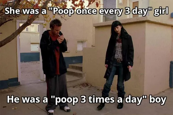 A funny "Breaking Bad" meme describing Jesse and Jane's relationship through their very different pooping habits and schedules.