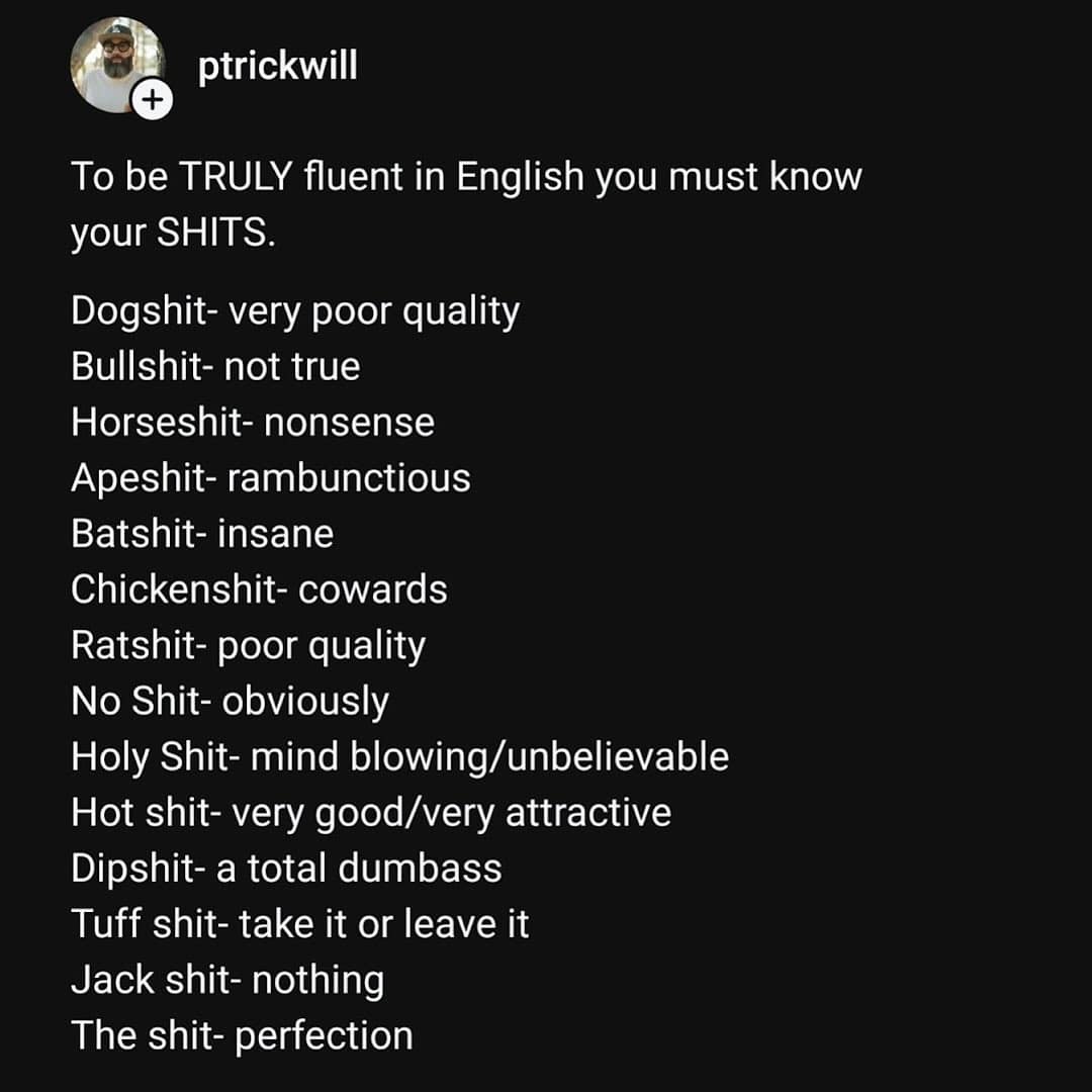 An Instagram post providing a helpful and funny guide to the many different meanings of English swear words containing "shit."