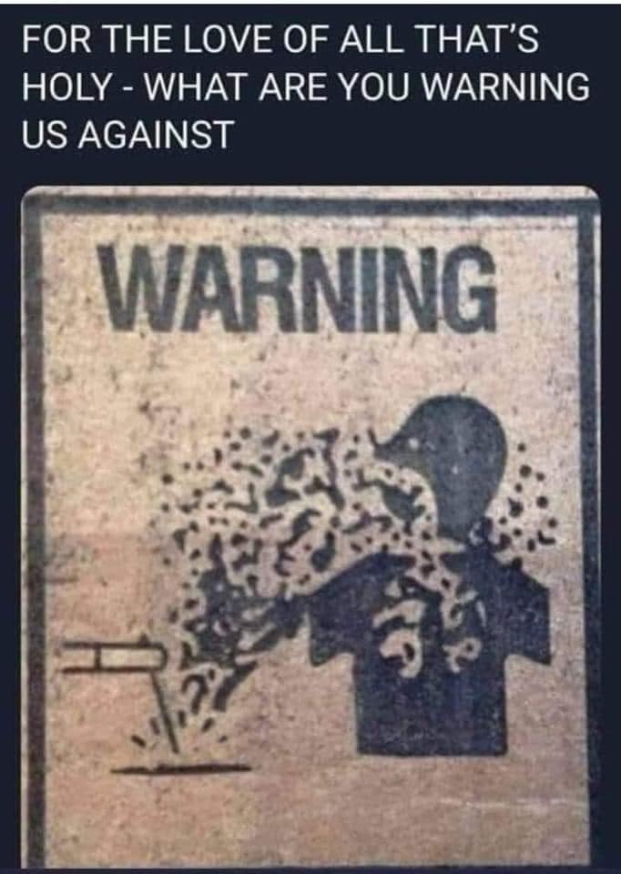 A bizarre, terrifying, and completely incomprehensible old warning sign that shows a person graphically disintegrating after coming in contact with a tipped-over container of an unknown substance.