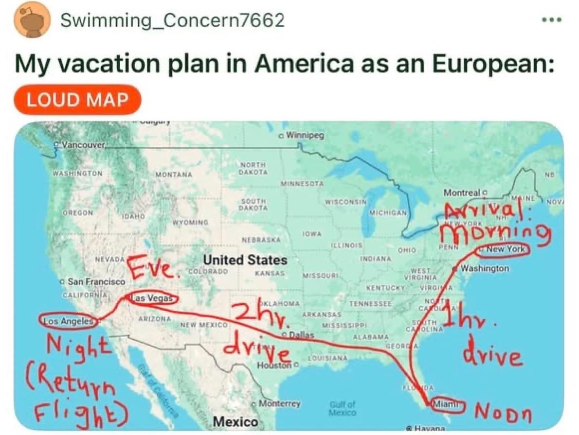 A funny screenshot of a Reddit post from a European tourist who has shared their completely unrealistic and physically impossible road trip plan for a vacation in America.