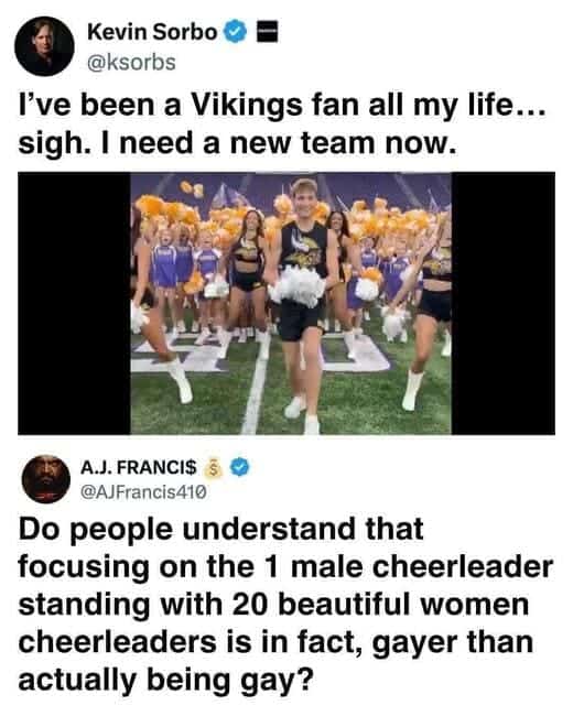 A screenshot of a tweet where the former NFL player A.J. Francis calls out the actor Kevin Sorbo for his homophobic and hypocritical complaint about a male cheerleader.