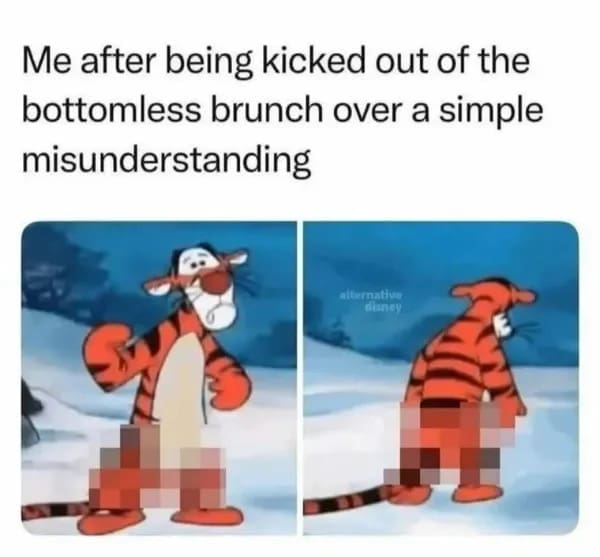 A hilarious and slightly inappropriate meme that shows a censored, naked version of the character Tigger from Winnie the Pooh sadly walking away after being kicked out of a "bottomless" brunch.