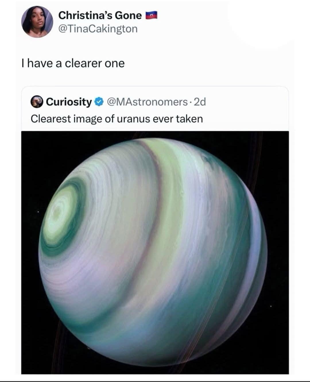 A funny meme of someone replying to a picture of the planet Uranus with a classic and very dirty joke.