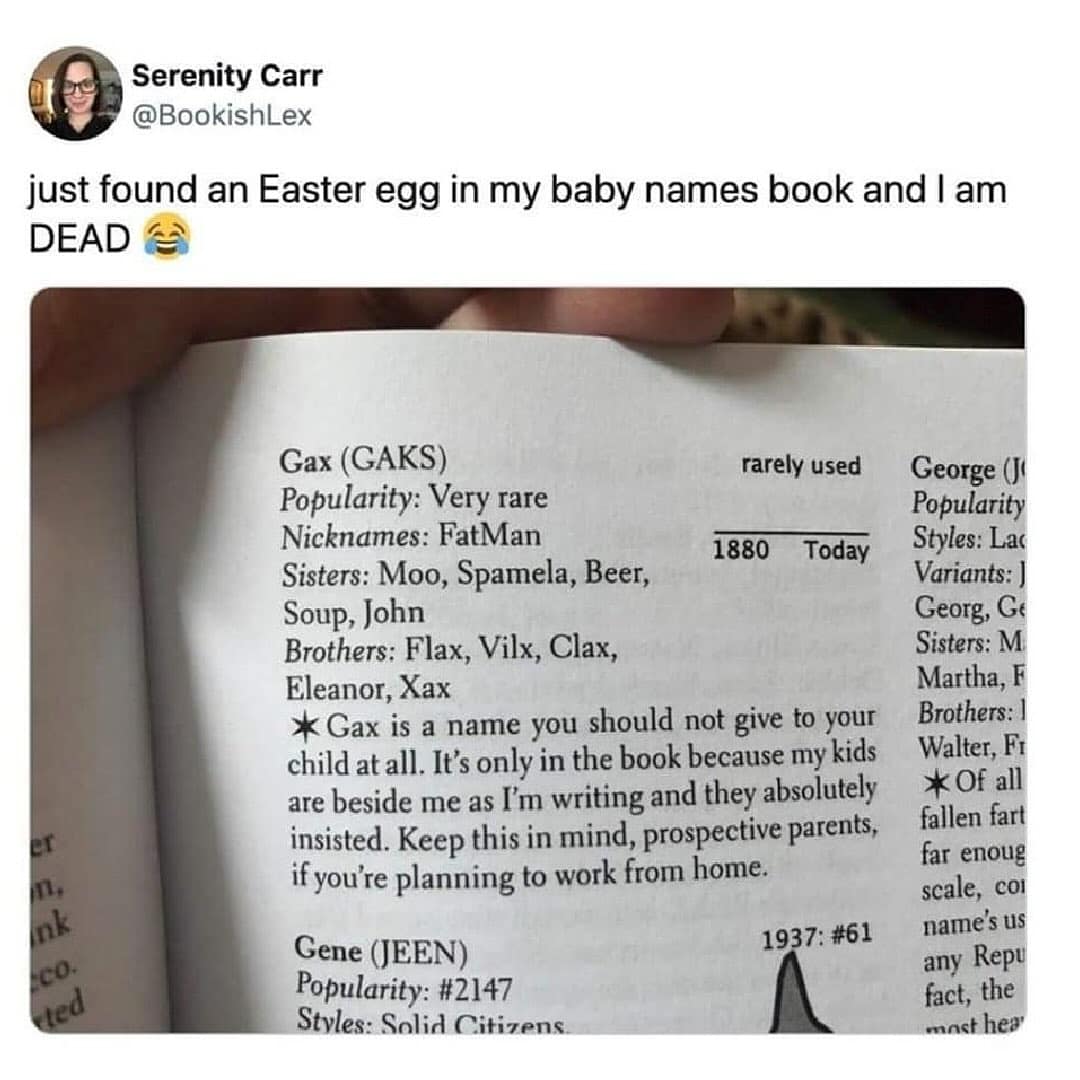 A funny easter egg found in a baby name book for a fake name that the author's kids made them include.