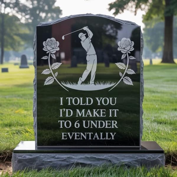 A funny gravestone in a cemetery with a golf pun reading "I told you I'd make it to 6 under eventually."