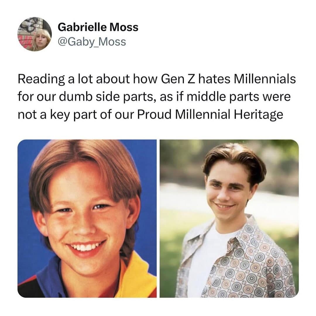 A funny tweet in defense of Millennial side parts, showing that 90s heartthrobs like Jonathan Taylor Thomas actually had middle parts.