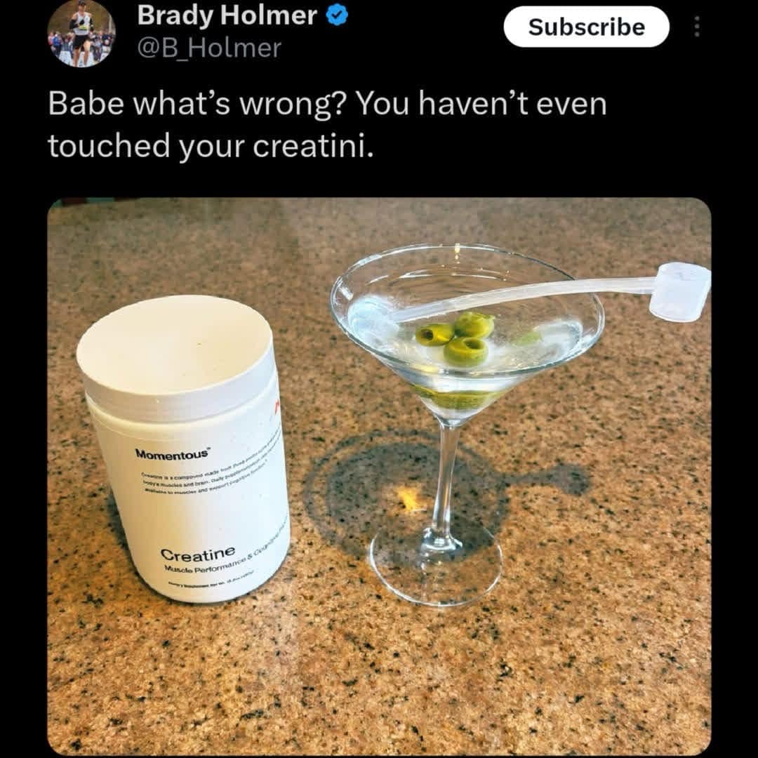 A funny tweet from a user who has invented the "creatini," which is a classic martini cocktail that has been garnished with a scoop of creatine powder for muscle growth.