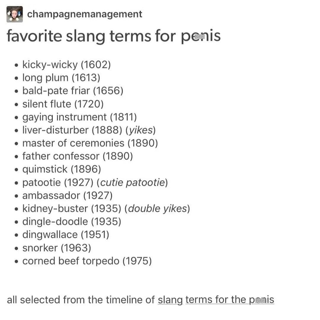 A funny and educational Tumblr post that lists a timeline of bizarre and wonderful historical slang terms for the penis.