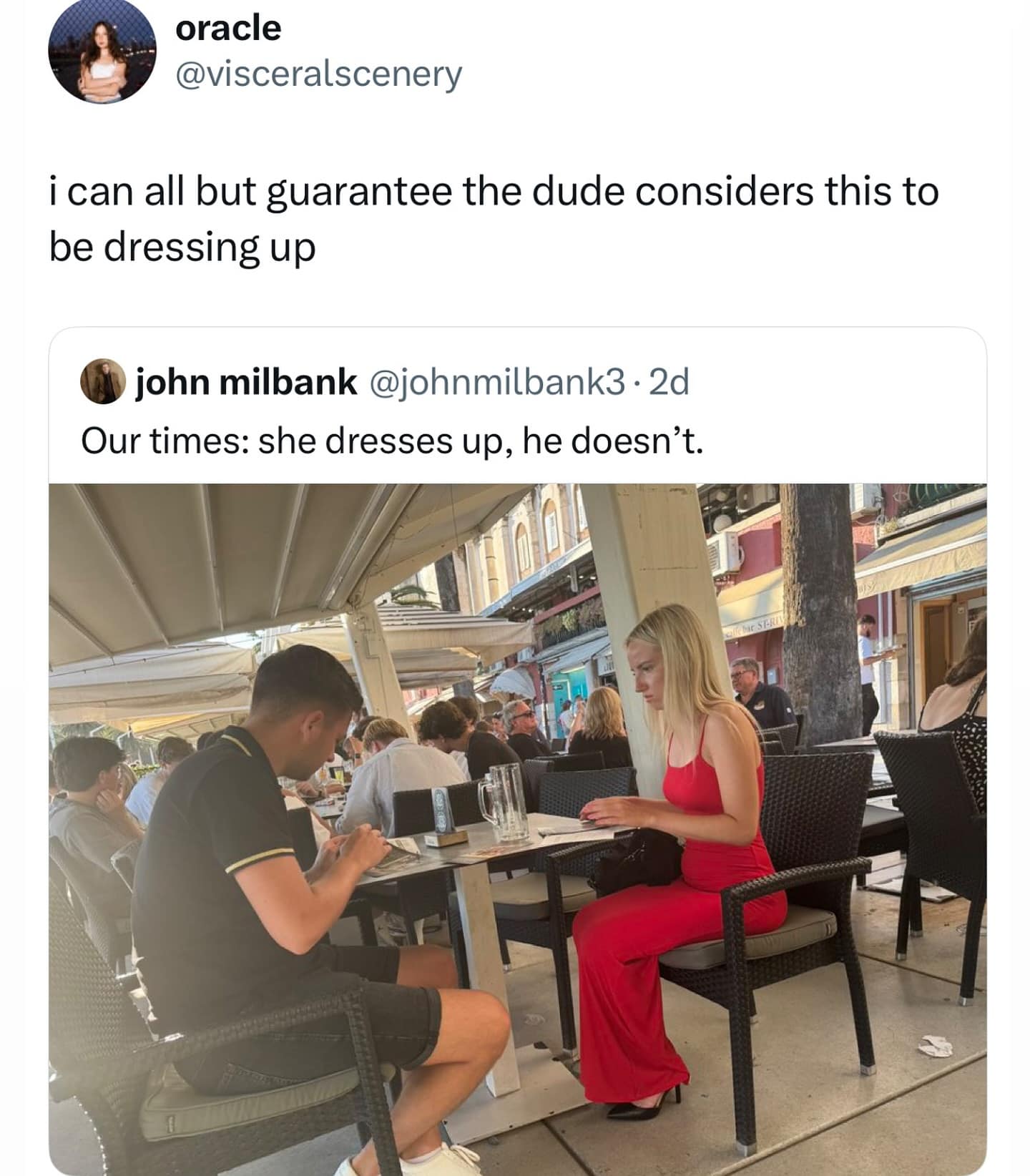 A tweet about the trend of men not dressing up for dates, shown with a photo of a couple with very different levels of formality.