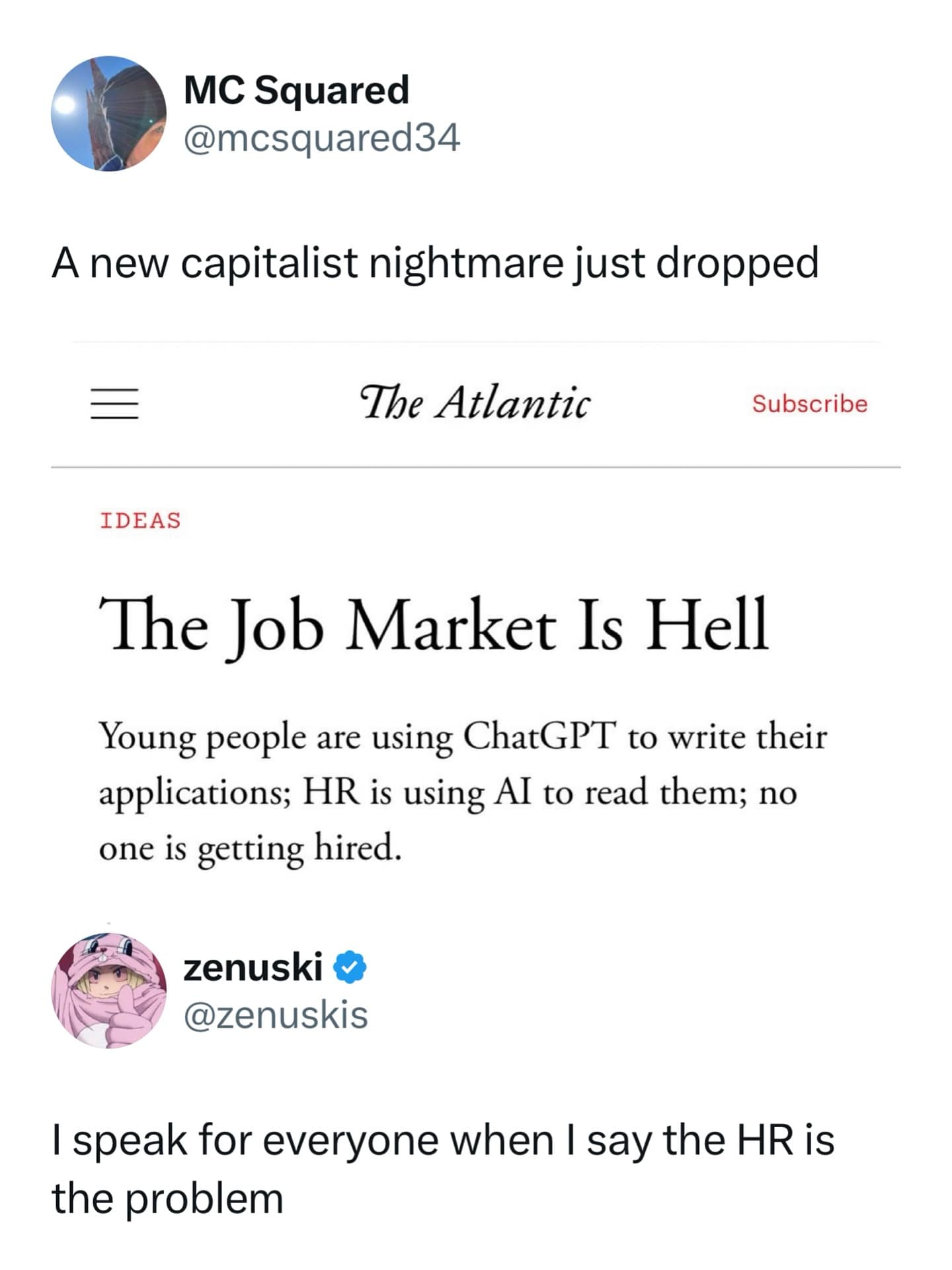 A screenshot of a recent article from the magazine The Atlantic about how the use of AI and ChatGPT is breaking the job market, which is hilariously described as a "new capitalist nightmare."