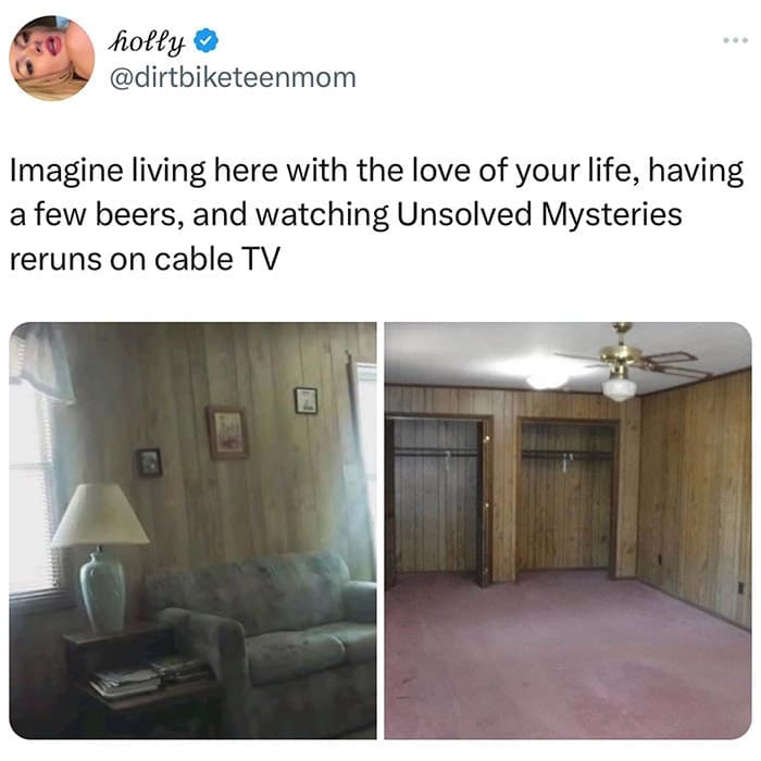 A funny tweet that is romanticizing a very dated-looking apartment with wood paneling and old furniture, and is suggesting that it is the perfect place to watch reruns of the show Unsolved Mysteries.