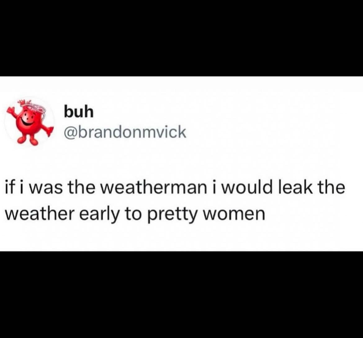 A funny and slightly creepy tweet from a user who says that if he were a weatherman, he would leak the official forecast early to pretty women.