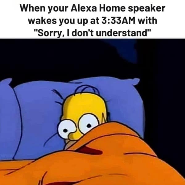A funny and relatable Homer Simpson meme about the unique terror of your Alexa home speaker randomly waking you up in the middle of the night.