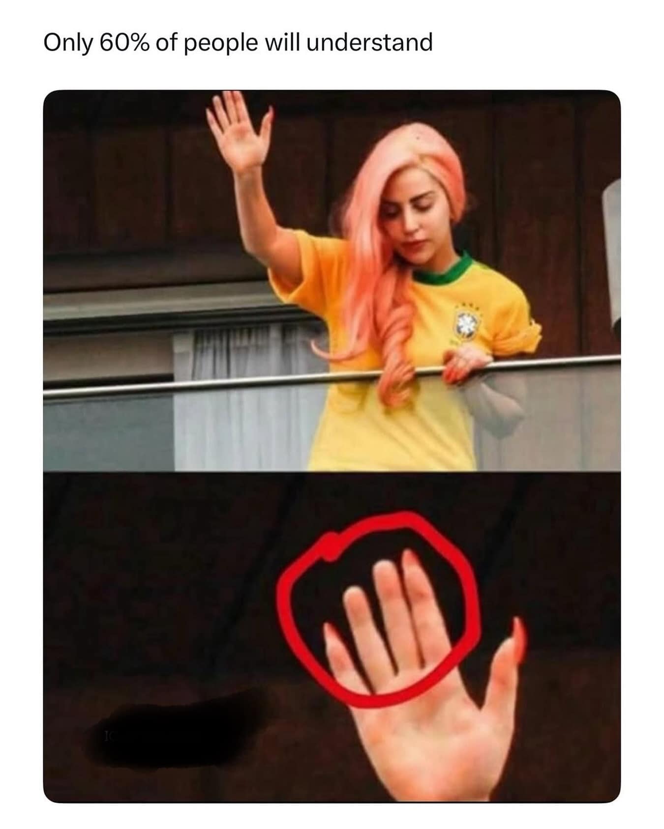 A funny meme of pop superstar Lady Gaga appearing to have six fingers on one hand while she is waving.