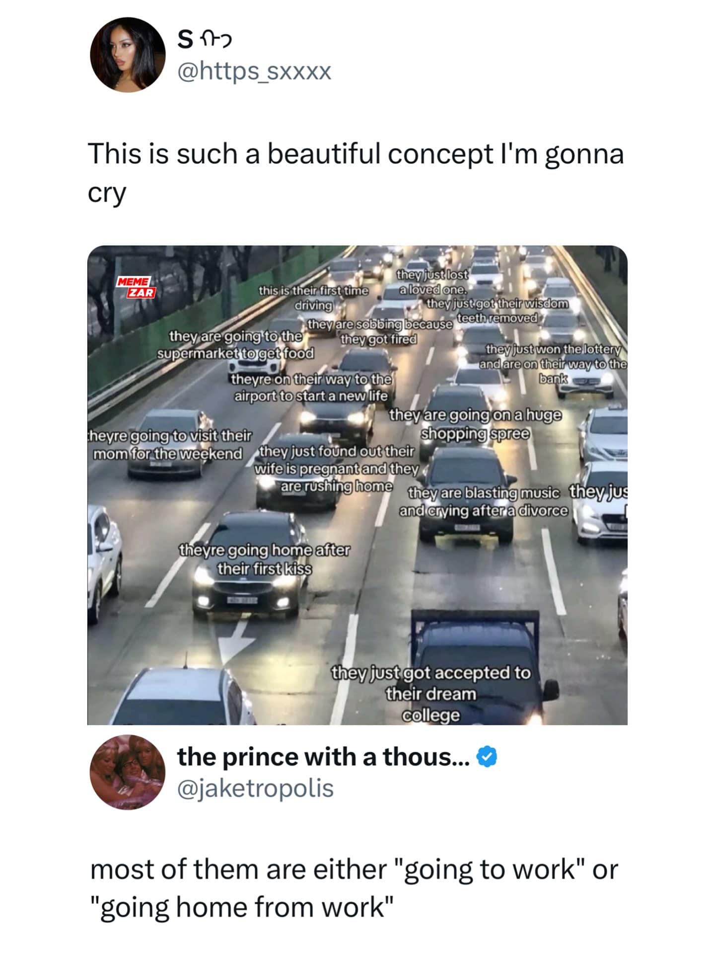 A funny meme that contrasts a romanticized view of traffic with the boring reality of people just commuting to work.