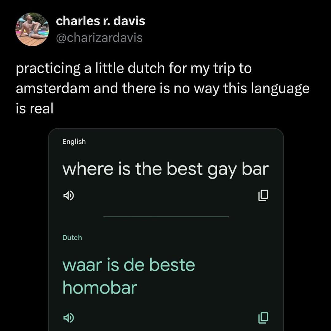 A funny tweet showing the surprisingly literal and amusing Dutch translation for the phrase "where is the best gay bar."