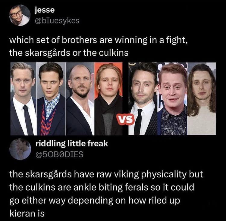 A funny tweet debating who would win in a hypothetical street fight between the Skarsgård brothers and the Culkin brothers.