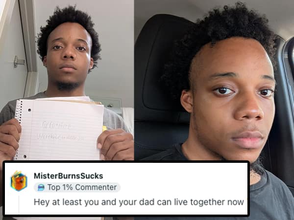 A brutal roast of a young man with a receding hairline, joking that he and his dad can now live together.
