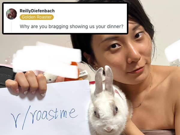 A dark humor roast of a woman who is holding a cute white bunny, joking that the animal is her dinner.