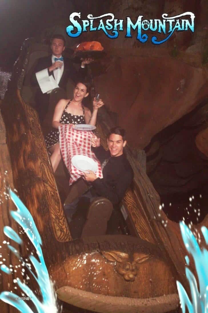 A funny Splash Mountain photo of three friends staging a romantic and fancy spaghetti dinner, including a personal waiter.