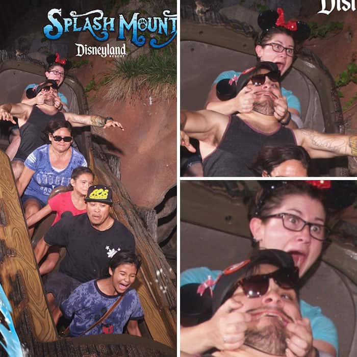 A hilarious Splash Mountain photo where a woman is holding a man's face and screaming with pure joy on the ride.