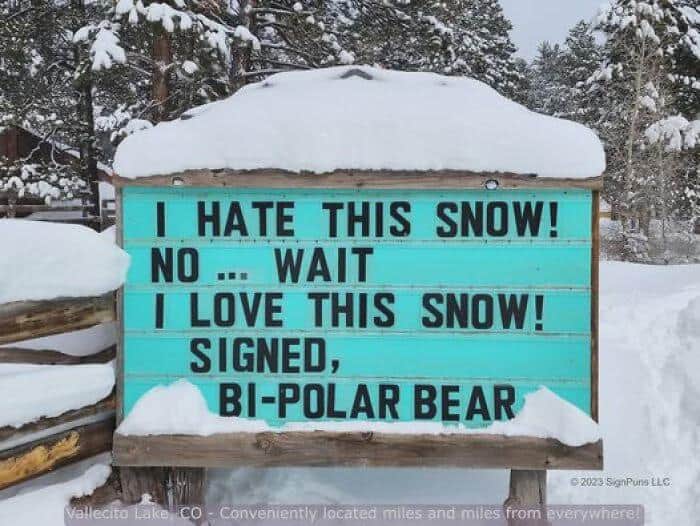 Snowy marquee: “I HATE THIS SNOW! NO… WAIT I LOVE THIS SNOW! SIGNED, BI-POLAR BEAR.”