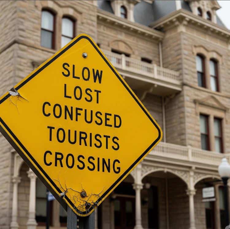 Yellow caution sign reading “SLOW LOST CONFUSED TOURISTS CROSSING” near historic building.