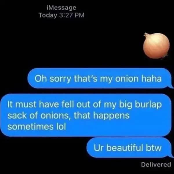 A bizarre text message fail where someone tries to flirt by "accidentally" sending a picture of a single onion.