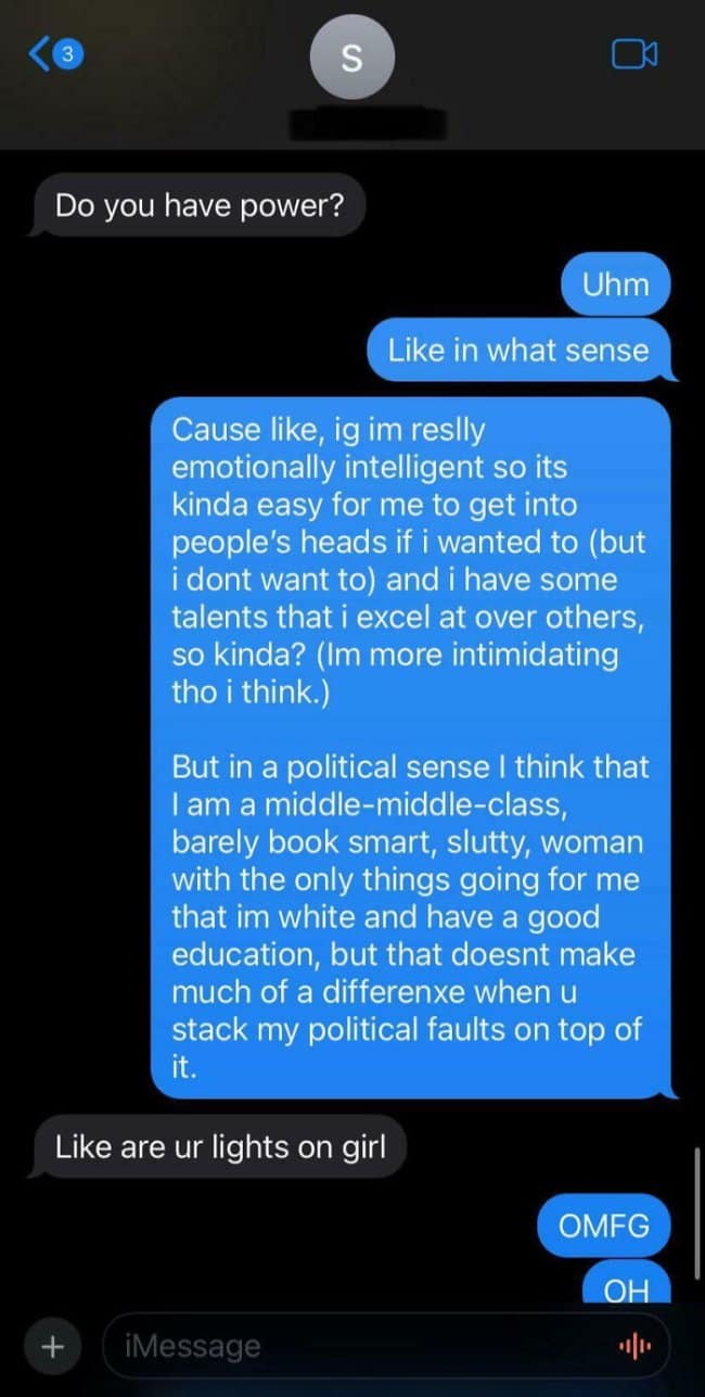 A text message fail where someone comically misunderstands the question "do you have power?" after a potential storm.