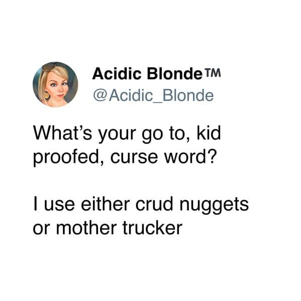 A funny parenting tweet asking for people's best "kid proofed" curse words, like "crud nuggets" or "mother trucker."