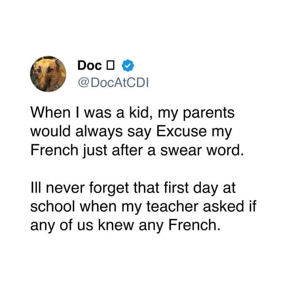 A hilarious parenting tweet about a kid who thought "Excuse my French" meant actual French and tried to speak it at school.